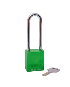 Aluminium bodied safety padlock with steel shackle-green-Keyed to Differ-long