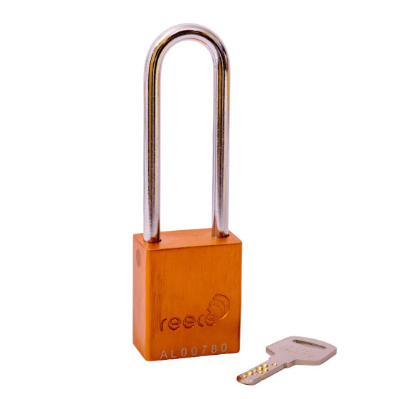Aluminium bodied safety padlock with steel shackle-orange-Keyed to Differ-long