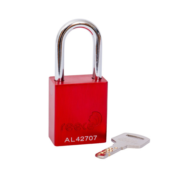 Aluminium bodied safety padlock with steel shackle-red-Keyed to Differ