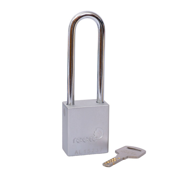 Aluminium bodied safety padlock with steel shackle-silver-Keyed to Differ-long