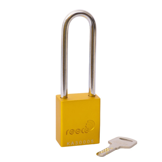 Aluminium bodied safety padlock with steel shackle-yellow-Keyed Alike-long