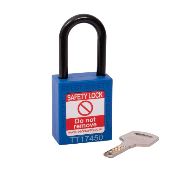 BLUE Plastic Shackle safety padlock keyed differently