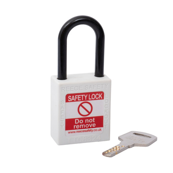 WHITE Plastic Shackle safety padlock keyed differently