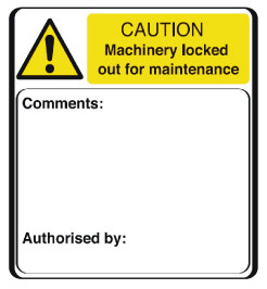 Caution machinery locked out for maintenance Self adhesive warning label