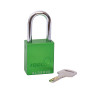 Aluminium bodied safety padlock with steel shackle-green-Keyed Alike