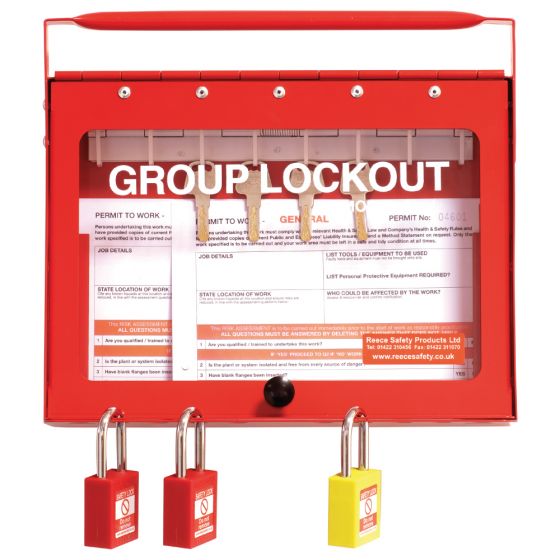 GL1 Steel Wall mounted or Portable Group Lockout Box - 8 hook. Colour Red