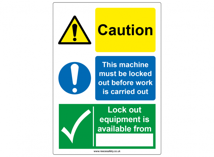 "Caution, Must be locked out, Lockout equipment available from" Safety Sign