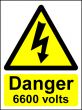  Hazard Warning Sign 200x150mm Danger 6600 volts (rigid) 